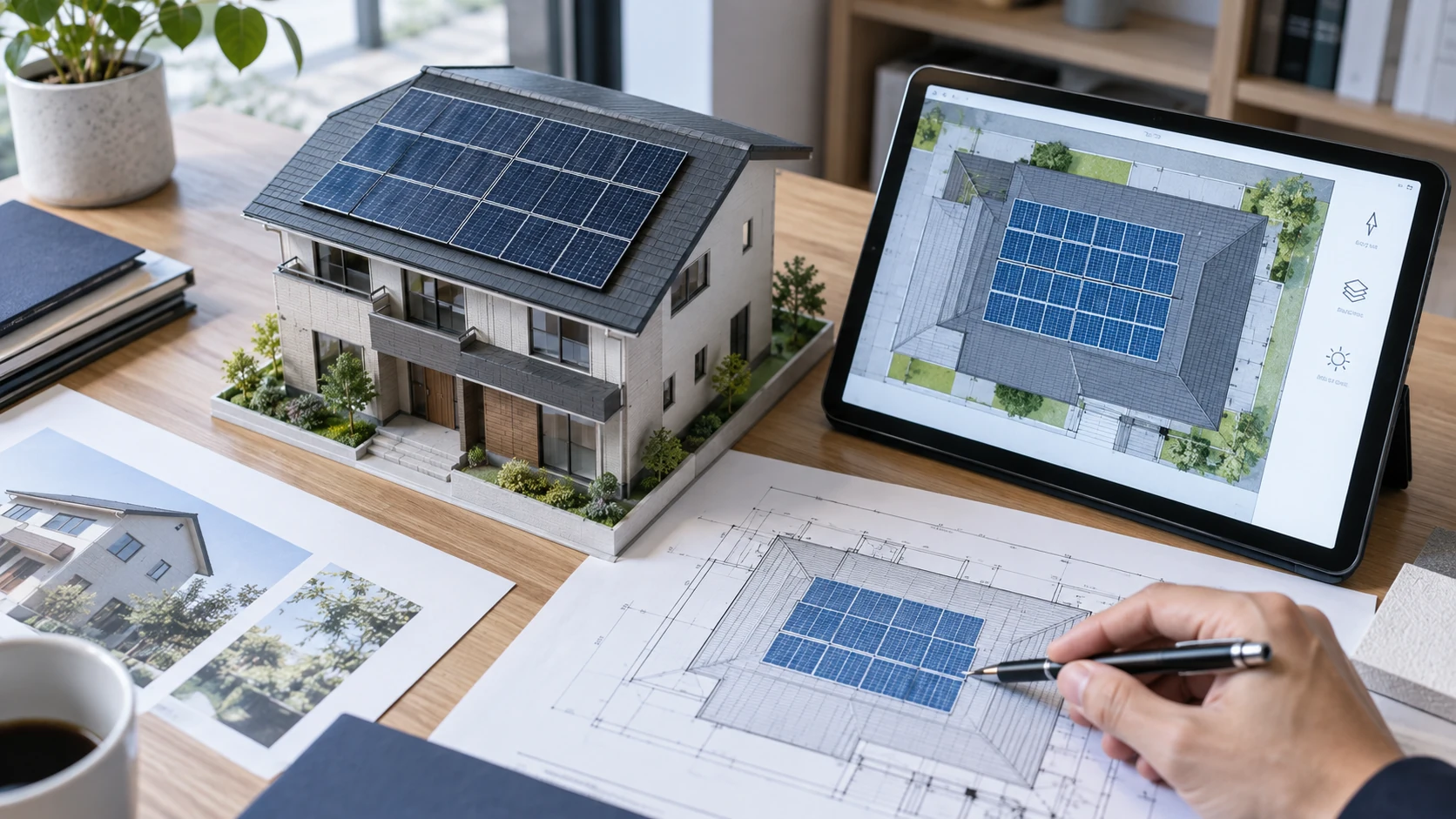 太陽光パネルを載せた住宅模型と屋根図面を使い、パネル配置を検討する業務イメージ