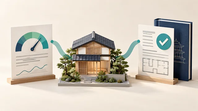 建物の性能評価と法令への適合確認を、別々の書類で表したイラスト