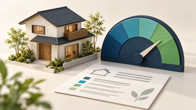 住宅模型と省エネ性能の目盛りで、BELSによる性能評価を表したイラスト