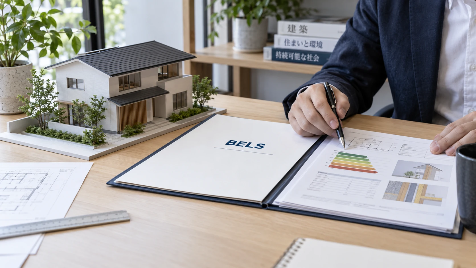 住宅模型と省エネ資料を確認するBELS申請支援の業務イメージ