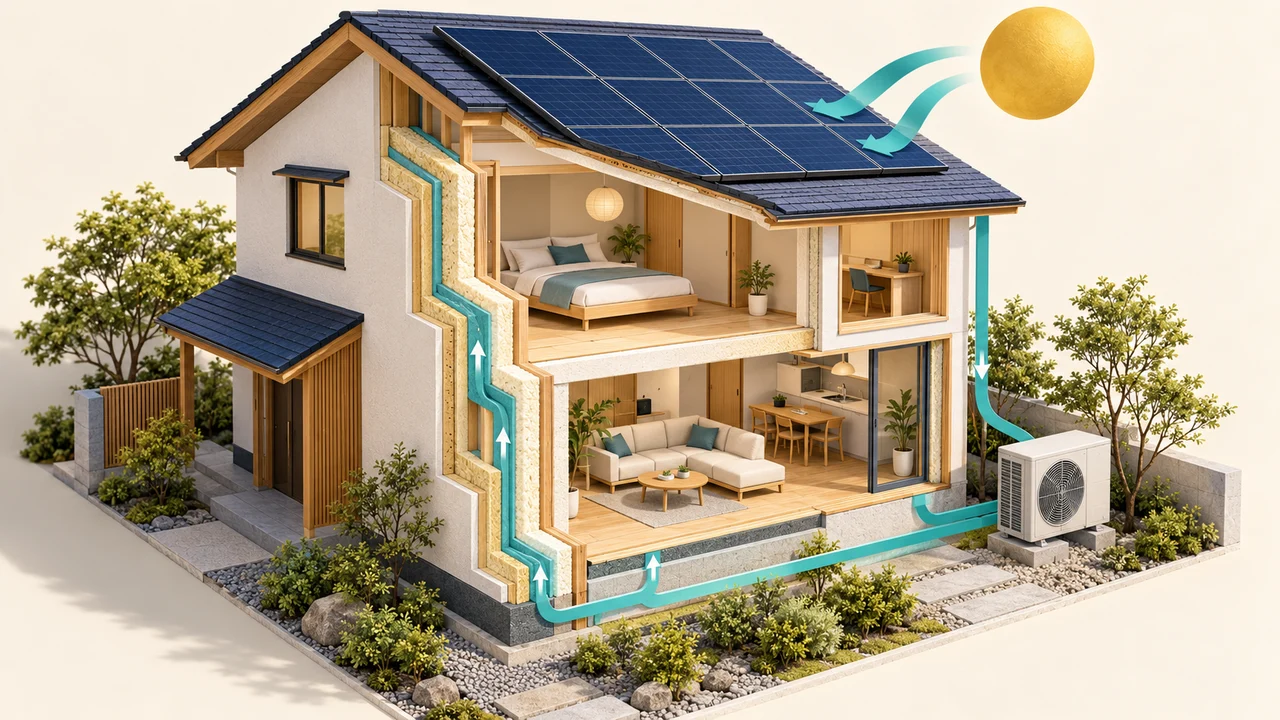 断熱・省エネ設備・太陽光を一体で考えるZEH住宅のイラスト
