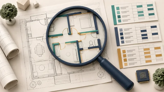 図面の線・建具記号を読み取り、数量データへ整理する図面解析のイラスト